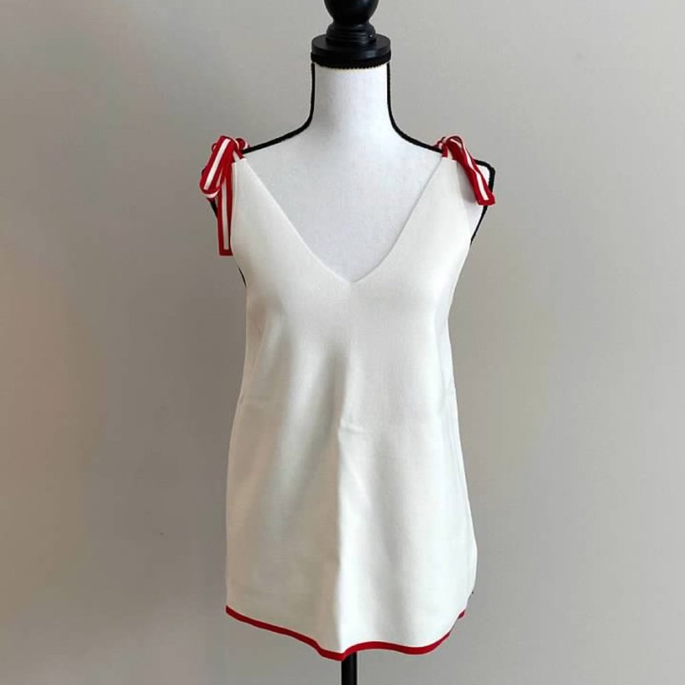Ann Taylor Cream V-Neck Tie-Shoulder Tank with Red Trim